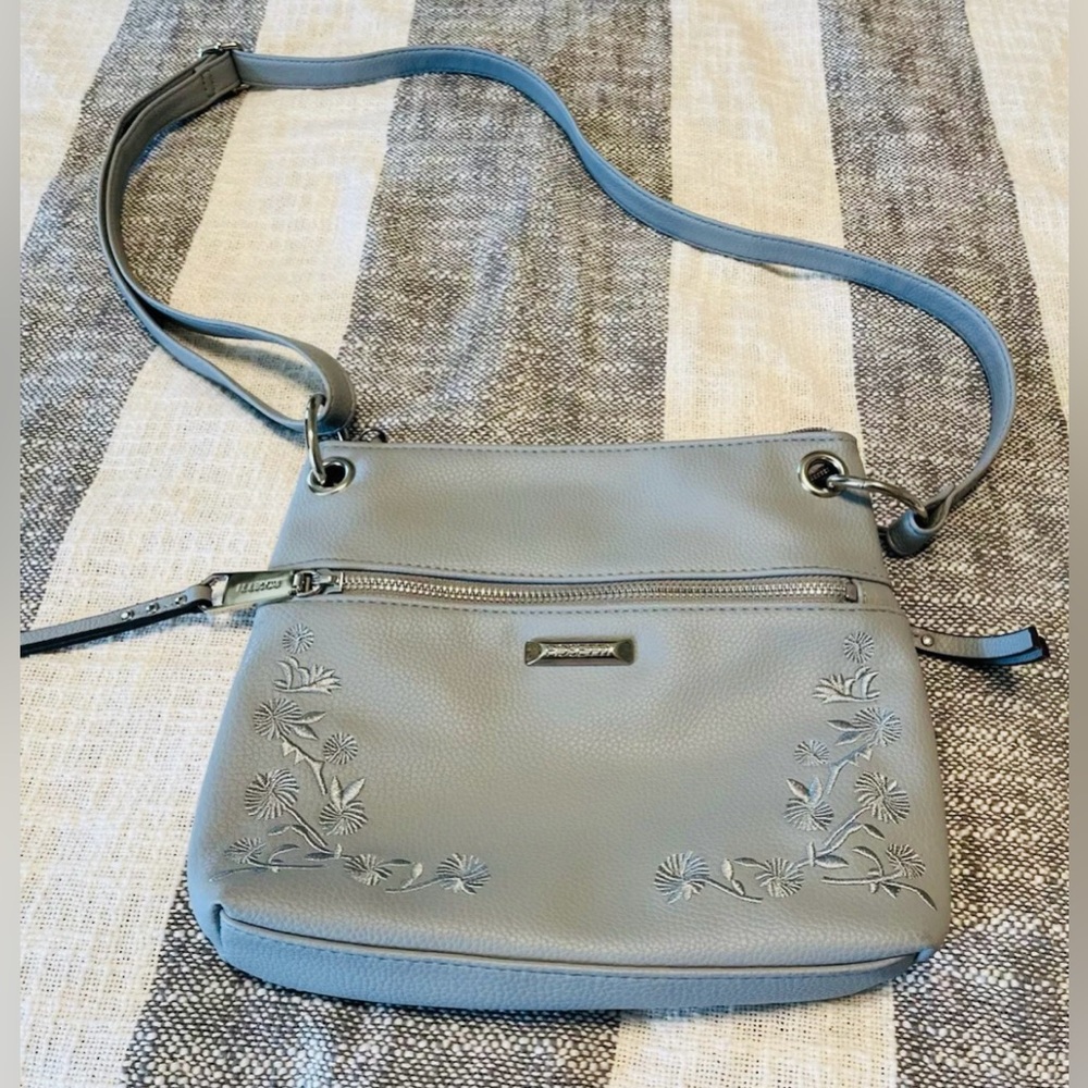 EUC ROSSETTI Crossbody Grayish Blue Bag Pockets Top Zip Strap Faux Leather